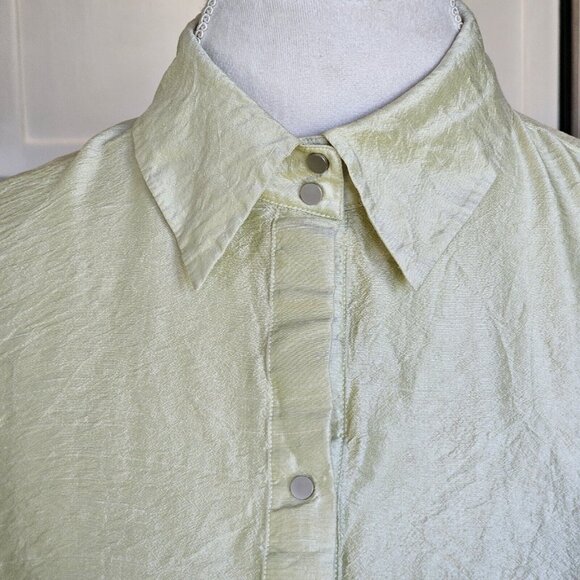 Y2K Raw Silk Shirt Sz XL Petite Snap Light Green Long Sleeve Irridescent Office - Picture 5 of 12